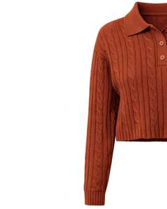 Customized Womens Rusted <b>Brown</b> Cable Knit Cropped Polo Sweater <b>Long</b> <b>Sleeve</b> Button Placket Ribbed Hem Casual Winter Knitwear <b>Top</b> - Product Image 3
