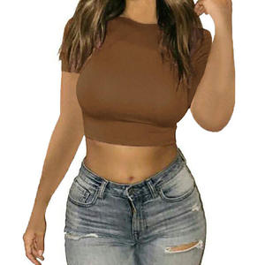 Femmes blanc décontracté haut court T-Shirts Sexy basique chemises courtes Logo personnalisé impression numérique solide motif Jersey uni teint - Product Image 2