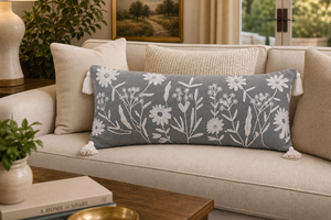 Funda de Almohada Lumbar de Algodón Bordada a Mano con Flores Silvestres Grises, Funda Decorativa Larga para Cojín con Borlas para Sofá - Product Image 5
