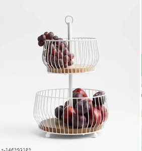 <b>2</b>-<b>Tier</b> Countertop <b>Fruit</b> & Vegetable Rack Metal Wood & Natural Wood Basket <b>Bowl</b> Storage Decorative White Black Wire for Food Use - Product Image 1