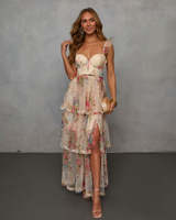 Longue robe Maxi 2025 printemps été fête de mariage femmes partout à volants motifs floraux à manches longues fête dames longue robe en maille