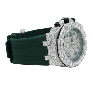 Reloj Cronógrafo de Cuarzo de Acero Inoxidable con Diamante Moissanite VVS, Correa de Silicona Verde, Corte Brillante Cultivado en Laboratorio para Hombre - Product Image 3