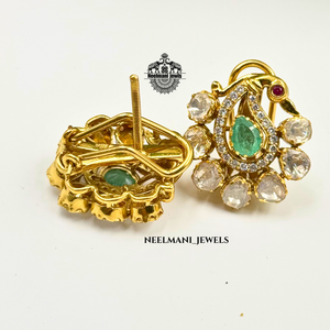 Peacock Design Gold Plated <b>Stud</b> Earrings Cute Animal Shape Pear Cut Diamond <b>Emerald</b> Set in Bezel Setting for Wedding Engagement - Product Image 1