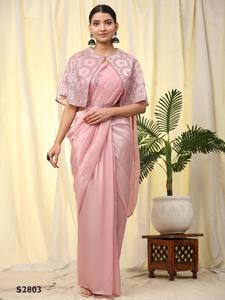 El último Sari de secuencia de bordado de seda satinada de diseñador listo para usar de Fab Zone - Product Image 4