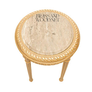 Mesa Auxiliar Redonda de Lujo con Tapa de Mármol Beige Natural y Patas Acanaladas en Oro Antiguo para una Decoración Clásica y Elegante del Hogar - Product Image 3