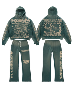 Custom Rhinestone Hoodie Men Oversized Cropped Acid Wash Pullover Distressed Vintage Sweatpants and Hoodie Set - Product Image 3