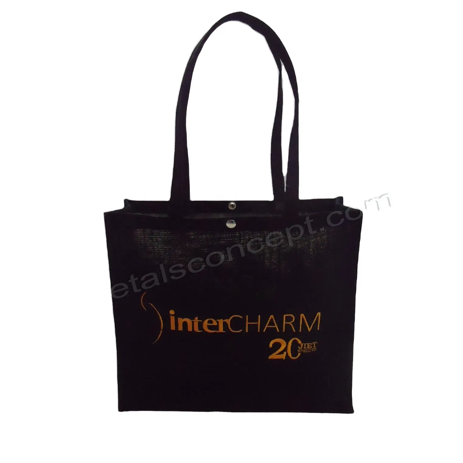 Customized Embroidery Logo Press Button Closure With Long Self Handle Laminated Jute Tote Bag