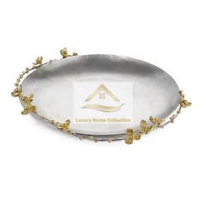 Plateau rond de qualité supérieure en acier inoxydable couleur argent avec fleurs dorées Plateau moderne de luxe fantaisie pour le service des aliments - Product Image 1