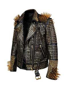 Chaqueta de cuero con pinchos auténtica para hombre personalizada hecha a mano, chaqueta de cuero artesanal con tachuelas doradas de estilo moderno de alta calidad - Product Image 5