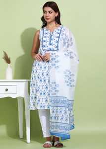 Vêtement ethnique bleu pour femmes en gros, kurta en coton droit sans manches à imprimé floral avec pantalon et dupatta, longueur mollet, col en V - Product Image 6