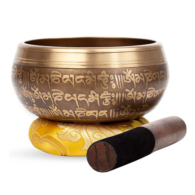Large Antique Tibetan Singing Bowl Set Polished Gold-Plated Brass Play 5 Sound Yoga Mantra Design Mindfulness Meditation Healing