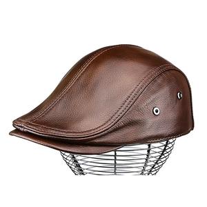 Men's Cowhide Beret Forward <b>Hat</b> Thin Section Leather <b>Duck</b> Tongue Cap with Short Brim Warm Breathable Adjustable for Beach Wear - Product Image 1