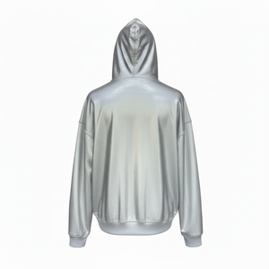 Oversized Long <b>Thin</b> Metallic Silver Zip-Up <b>Hoodie</b>-Real Thing Graphic Print & Stud Detail Waterproof Breathable - Product Image 2