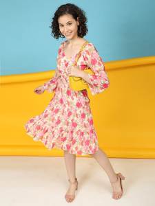 Vestido Rosa liso para mujer con manga larga Estampado floral Aspecto elegante informal para brunch Picnics Ropa formal de una pieza para verano - Product Image 2