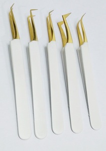 Pince à épiler en gros pour extensions de cils, dorée et blanche, marque privée, pour faux cils, courbée en L à 45 et 90 degrés, pour volume - Product Image 2