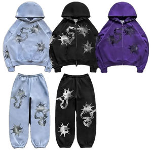 Ensemble pantalon de survêtement et sweat à capuche zippé unisexe avec logo personnalisé Survêtement vintage pour homme avec strass pour le printemps - Product Image 1