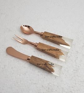 Manche en écorce de bois de manguier de haute qualité ensemble de couverts de cuisine en acier inoxydable avec cuillère plaquée argentée fourchette couteau ensemble de 3 - Product Image 3