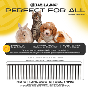 Peigne de toilettage pour animaux de compagnie Flamia & Jabz en acier inoxydable pour chiens et chats, 48 picots arrondis, antirouille, professionnel, démêlant - Product Image 5