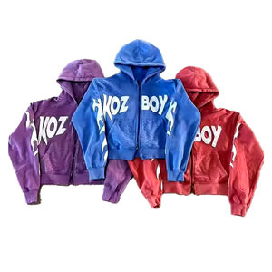400 GSM hommes personnalisé surdimensionné Anime haute qualité fermeture éclair Vintage bouffée impression à capuche acide lavé détresse broderie - Product Image 2