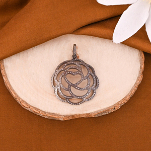 Women's <b>Lotus</b> <b>Flower</b> Pendant 925 Sterling Silver <b>Black</b> Rhodium Plated Natural Pave Diamond Vintage 35MM Size - Product Image 2