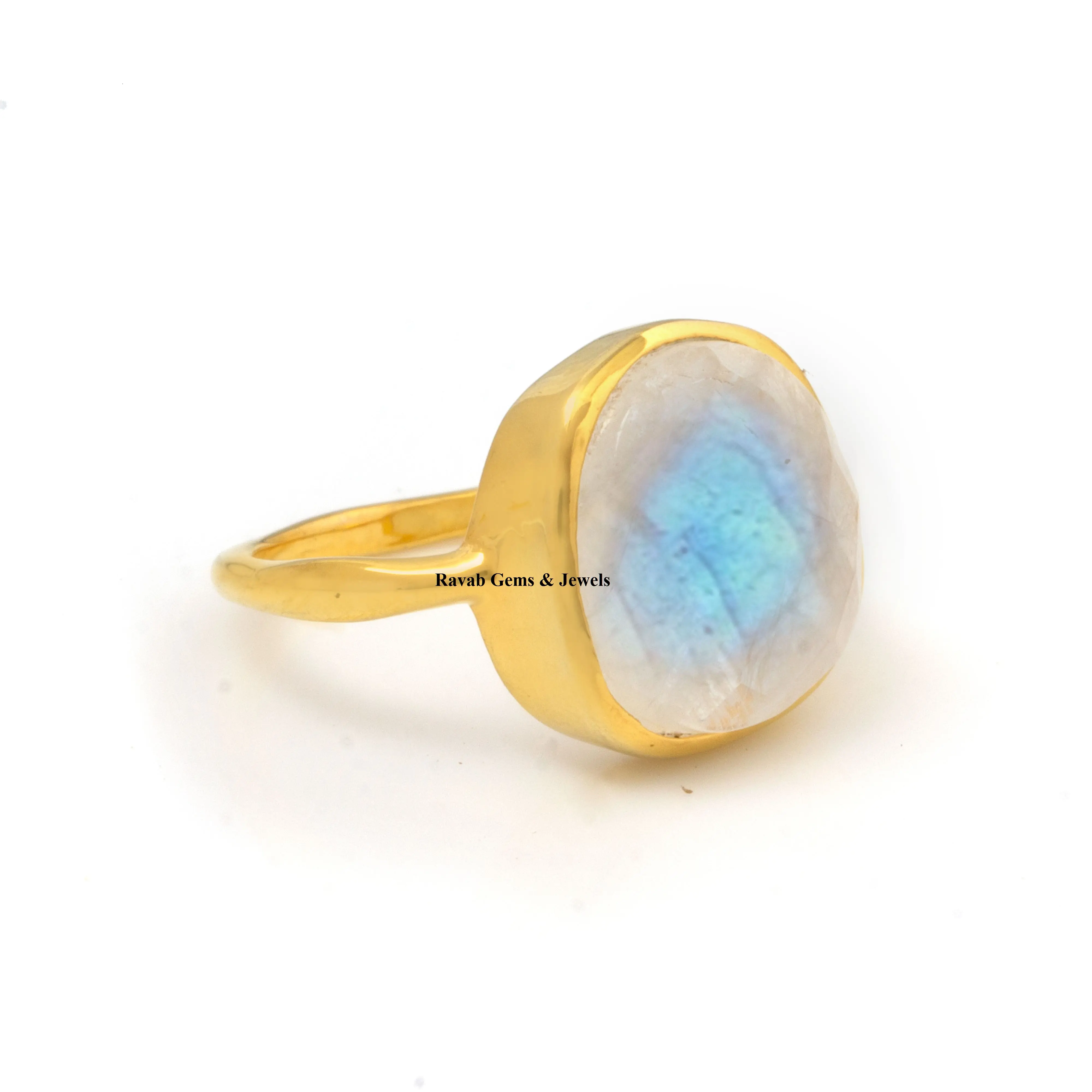 2022 Affordable Price Natural Rainbow Moonstone Handmade 925 Sterling Silver Gold Plated Organic Shape Ring For Women & Girls
