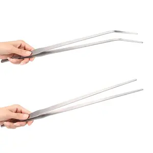 2-Pack 15 inch Heavy Duty Stainless Steel Long Tweezers, Curved and Straight Design with Anti-slip Grasp Tips Large Tongs