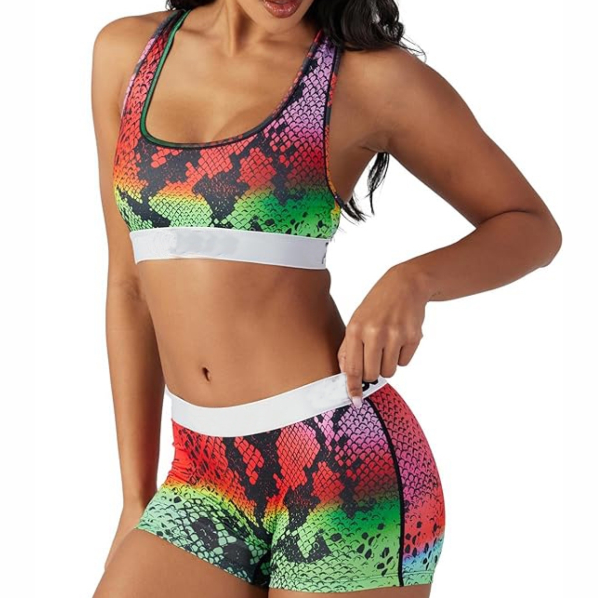 Women Two Piece Yoga Set Shorts Matching Sport Bra Active Stretch Mid Waist Breathable Polyester Front Four-Way Stretch Quick