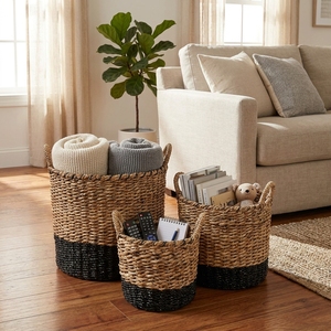 Natural Banana Bark Recycled <b>Plastic</b> Storage <b>Basket</b> Set Black Dipped Bottom Arch Handle Pot Planter Organizer Setup Pure Art - Product Image 5