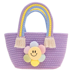 Children's Cotton Rope Woven Breathable Ultra-Light Handbag Shoulder Bag for Women Toddler Gift Sunflower Cartoon Rainbow Design - Product Image 4