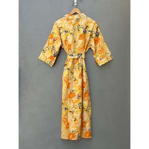 Robe Kimono en Coton Style Vintage Imprimée à la Main, Légère et Respirante avec Col Mandarin, Longueur Ras du Sol pour les Loisirs - Product Image 5