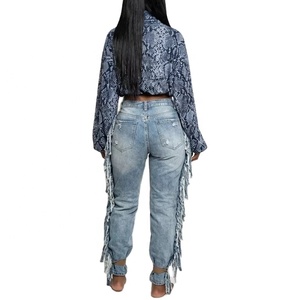 Conjunto de Dos Piezas de Mezclilla para Mujer, Diseño Personalizado, Color Liso, Top Corto, Corte Ajustado, Color Azul, Patchwork - Product Image 3