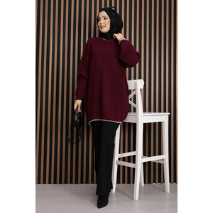 Suéter de Punto Acanalado Oversize para Otoño/Invierno para Damas y Chicas, Color Borgoña, con Logotipo Frontal, Casual, Largo, Transpirable, Suave y Cómodo, con Estampado - Product Image 3