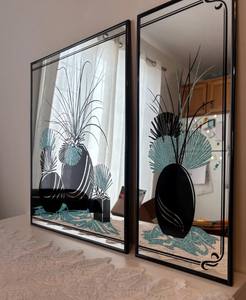 Set of 2 vintage 1980s <b>mirrors</b>, rectangular <b>mirrors</b> with black frames, engraved <b>flower</b> vase design - Product Image 3