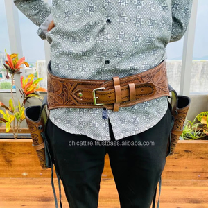 ซองปืนหนังแท้สไตล์คาวบอยตะวันตก งานแฮนด์เมด ตกแต่งลาย  แบบเปิดนิ้วเท้า  สายรัดคู่ ปรับได้  ขายดี - Product Image 2