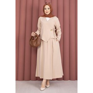 Ensemble deux pièces jupe kimono à nouer sur le côté pour femme, en crêpe beige, tenue printemps/été avec ensemble court pour occasions d'automne - Product Image 3