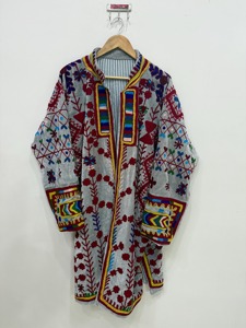Bohemian Floral Embroidered Cotton <b>Jacket</b> <b>Mandarin</b> <b>Collar</b> Batwing Sleeve Long Loose Vintage Style Spring Wear Unisex - Product Image 3