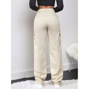 Jean cargo multipoches en denim crème pour femme, taille haute, extensible, durable, style streetwear, tailles 26 à 40 - Product Image 2