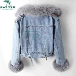 Chaqueta Vaquera Razorts International con Ribete de Piel, Estilo Casual Vintage para Mujer, Invierno-Primavera, Lavado Medio, 340gsm - Product Image 2