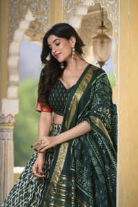 Exclusivo Tussar Silk Ikkat Print Lehenga Choli con trabajo de lámina y Gotta Patti Tassel Dupatta para Festival de bodas al por mayor - Product Image 2