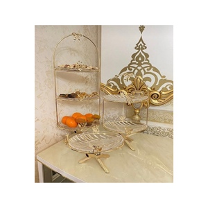 Ensemble de présentation alimentaire en verre à trois couches en laiton doré avec 3 plateaux de service en verre à deux couches et simples fabriqués en Turquie - Product Image 4