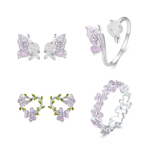 Oil dripping butterfly wisteria flower earrings for women s925 sterling silver purple flower earrings ring jewelry set