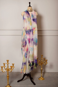 Sari en organza imprimé abstrait aquarelle ADAA avec franges en crêpe Georgette, look contemporain élégant, tenue de soirée chic - Product Image 6