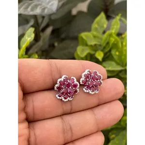 925 <b>Silver</b> Natural Ruby Floral <b>Stud</b> Earrings Elegant Flower Pattern for Weddings - Product Image 3