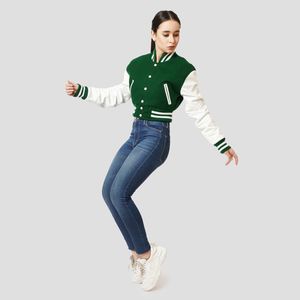 Veste de Baseball en cuir de laine verte pour femmes respirant grande taille hiver basket-ball haut court avec bouton décoration bas quantité minimale de commande - Product Image 3