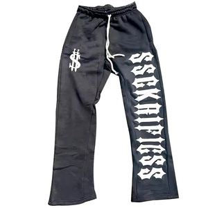 Pantalones de chándal acampanados de lavado ácido pesado personalizados para hombres Sun Faded estampado estilo gráfico frontal plano cierre de cordón informal - Product Image 3