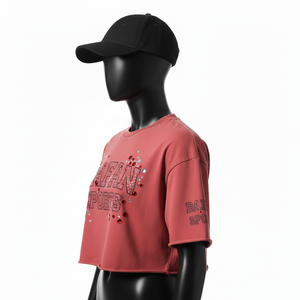 T-shirt court en coton premium pour femme, tissu jersey lisse GSM, impression de strass thermocollés, logo personnalisé, t-shirt court en coton pour femme - Product Image 3