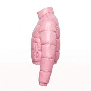Custom Women Cropped <b>Puffer</b> <b>Jacket</b> Glossy Nylon Quilted Rhinestone Heart Satin Lined Y2K OEM Wholesale - Product Image 3