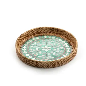 Rattan Wooden Serving Tray with Bone Inlay Finishing Rounded Shape Unique Style Fruits Nuts Food Dessert Cafe Kitchen Usage