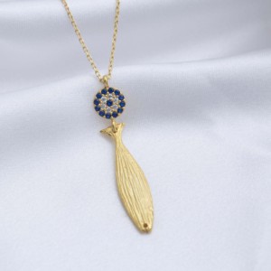 Boucles d'oreilles longues en argent sterling 925, motif poisson, pierre CZ œil de turc, forme ronde, fabrication artisanale turque - Product Image 2