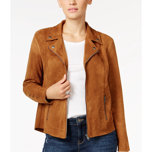 Style & Co Women's Brown X-Large Faux-<b>Suede</b> Moto <b>Jacket</b> Reversible Autumn Outerwear with Custom Logo Solid <b>Bomber</b> Style - Product Image 2